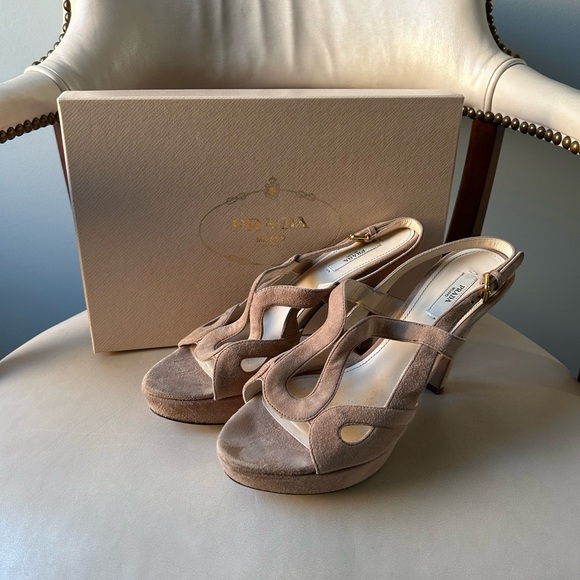 Prada Shoes - Prada nude/light beige suede platform heels